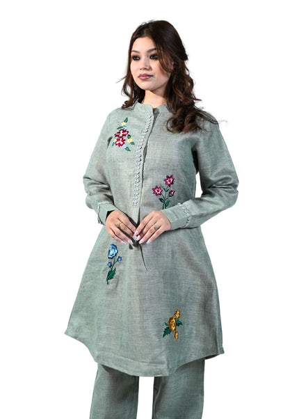 Linen Fabric Coord Set With Thread Work