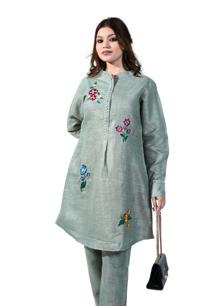 Linen Fabric Coord Set With Thread Work