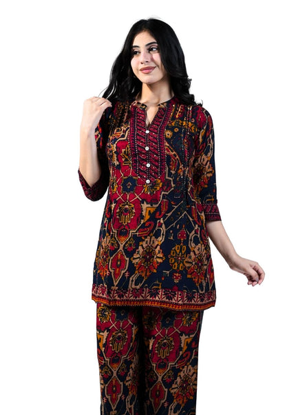 Rayon Fabric Printed Minimal Kantha Work Coord Set