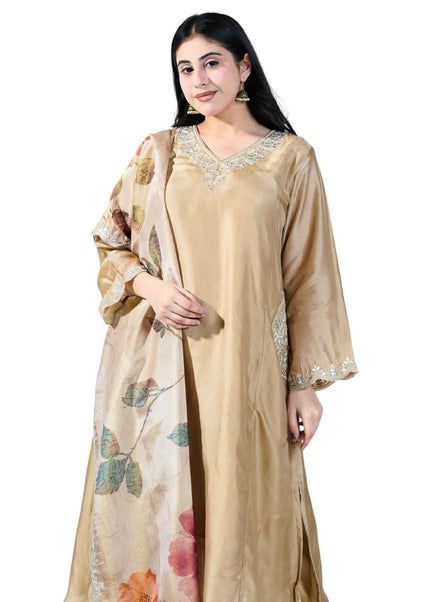 Silk Kurti Set with Neck Work & Printed Dupatta