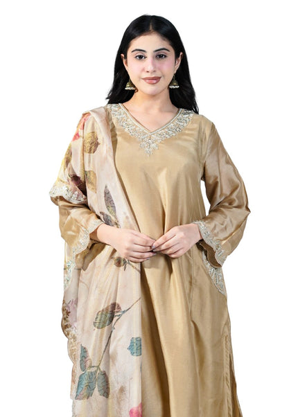 Silk Kurti Set with Neck Work & Printed Dupatta