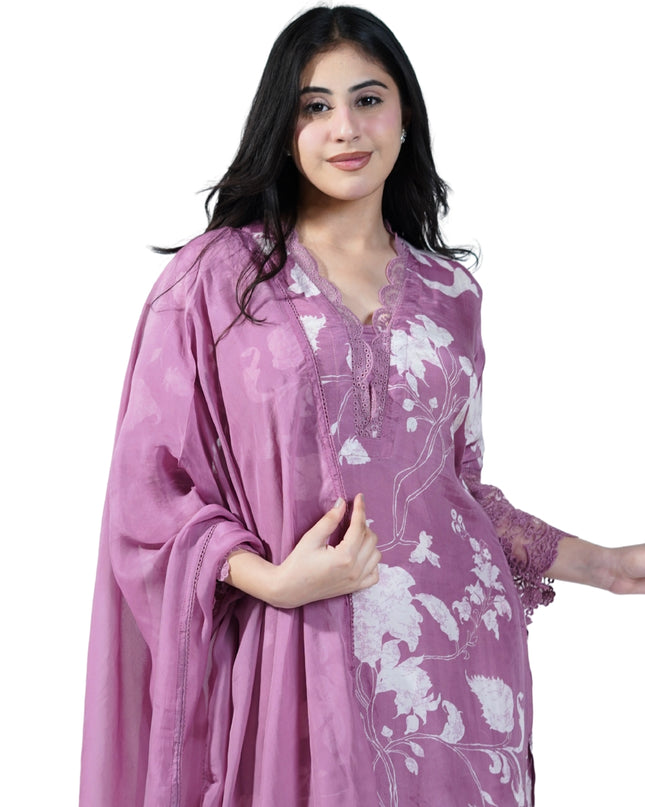 Muslin Cotton Lace Work Neck Kurti Set