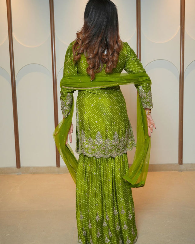 Pure Chinon Bandhani Printed outfit with Delicate Handwork