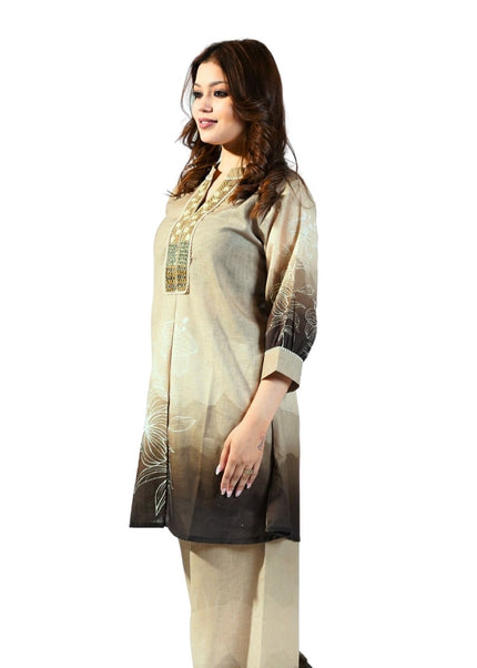 Linen Embroided Neck Coord Set