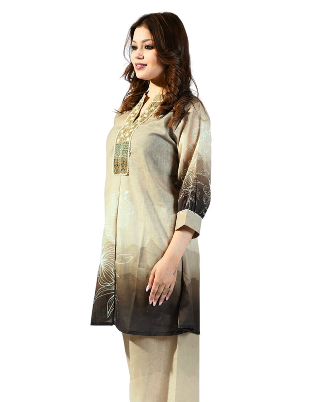 Linen Embroided Neck Coord Set