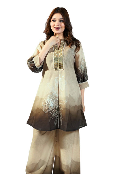 Linen Embroided Neck Coord Set