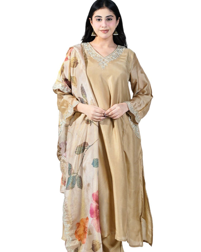 Silk Kurti Set with Neck Work & Printed Dupatta