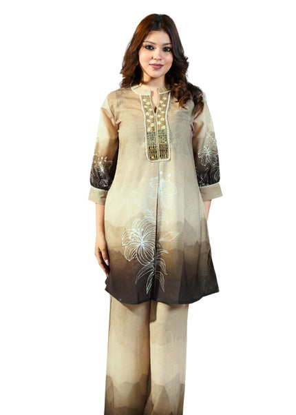 Linen Embroided Neck Coord Set