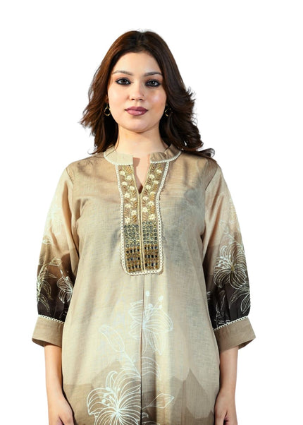 Linen Embroided Neck Coord Set