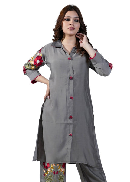 Linen-Cotton Coord Set with Thread Work