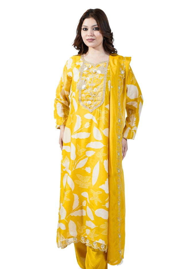 Cotton Print Kurta Set with Neck Work