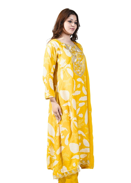 Cotton Print Kurta Set with Neck Work