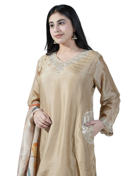 Silk Kurti Set with Neck Work & Printed Dupatta