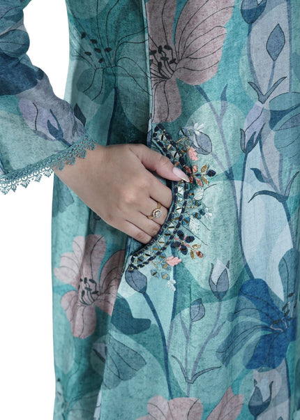 Cotton Print Kurti Set with Neck Work